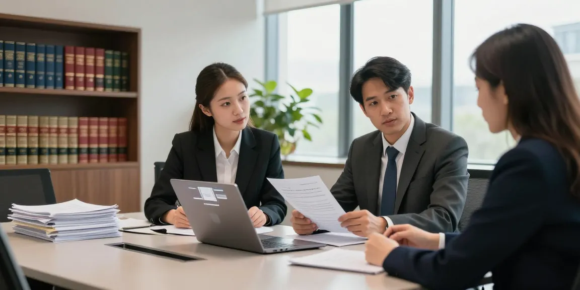 Lawyer and client collaborating over her latest blog insights in a modern office.