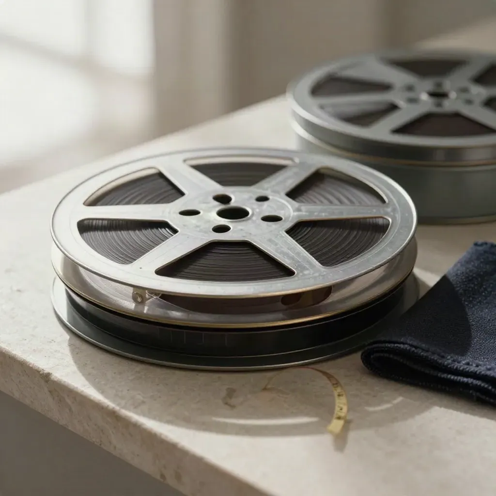 Filmové cívky v plechových krabičkách na kamenném podkladu s obloukem průhledné pásky.