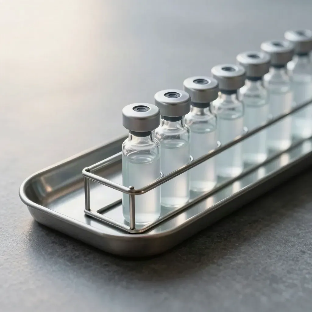 Laboratorní vialky v hliníkovém stojanu se skleněnými ampulemi a kovovou miskou.