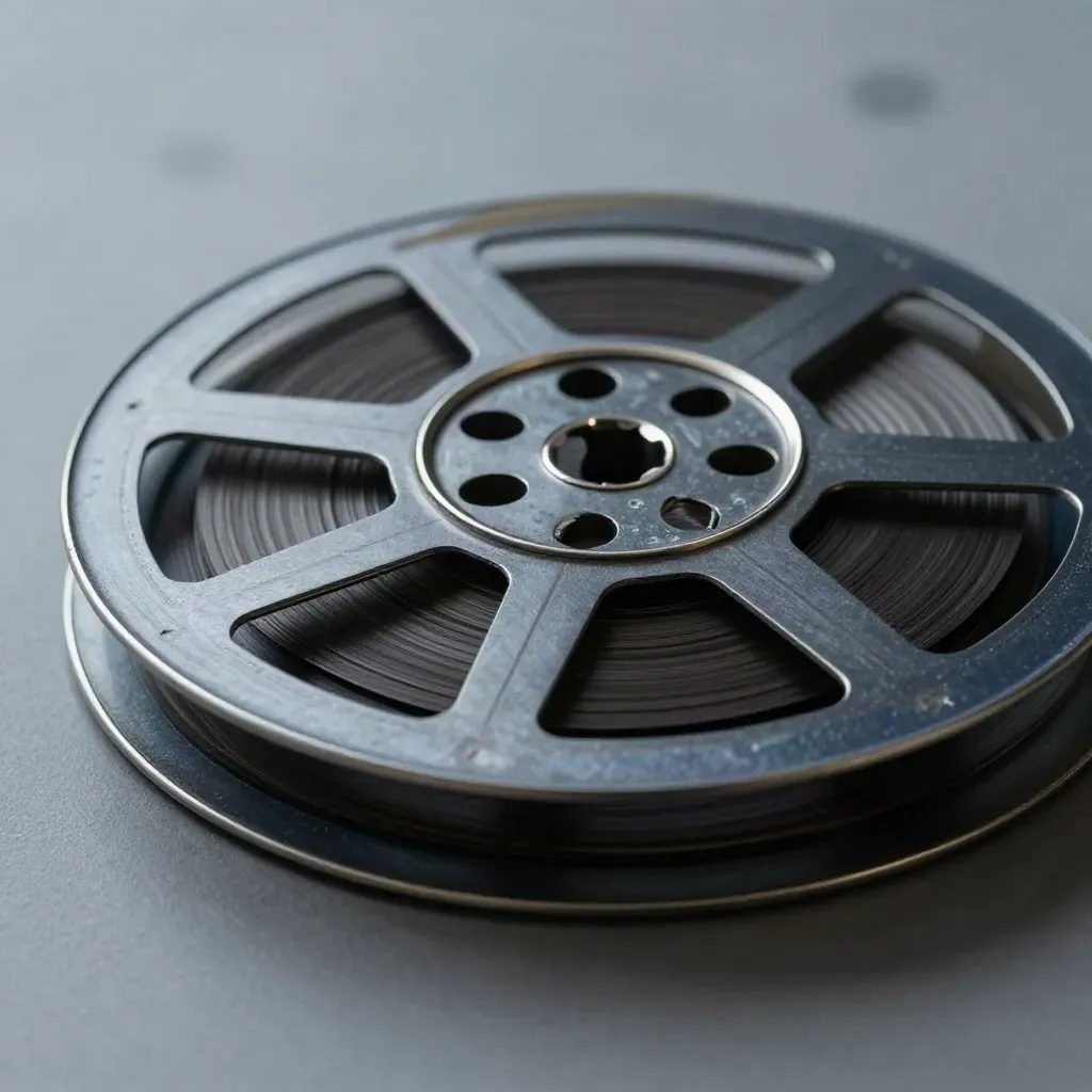 Černá filmová cívka v plechové krabičce s průhledným koncem pásu a kovovým středem.