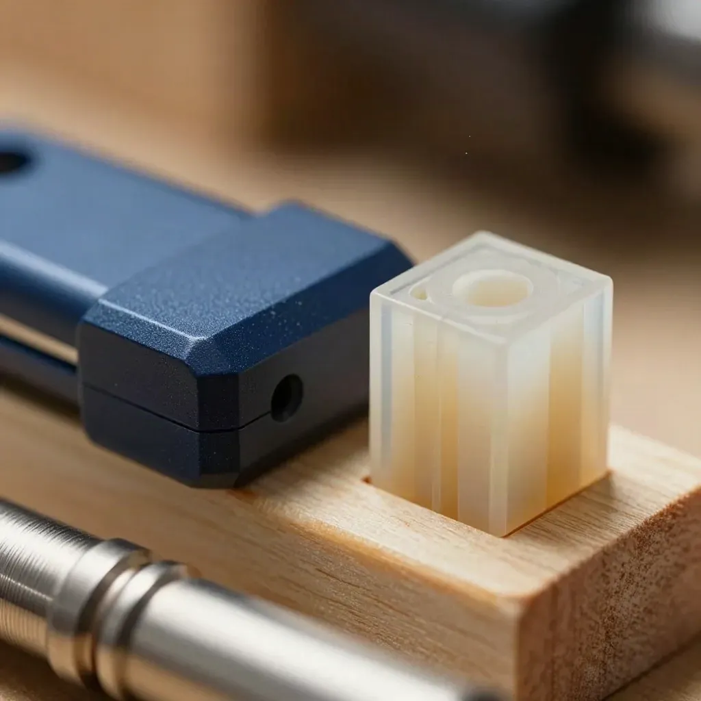 Makro prototypového bloku, kovového pouzdra USB a vrstev revizí na světlém dřevě.