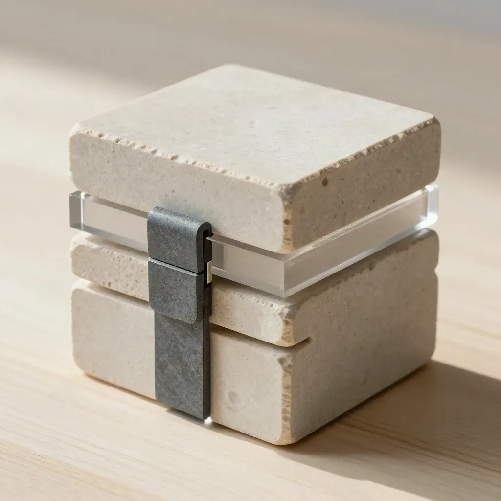 Pale stone cubes s průhlednou akrylovou vložkou a kovovou sponou na světlém dřevě.