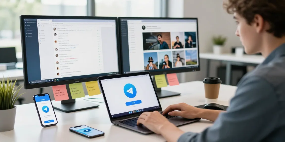 Download Telegram on a laptop in a modern tech workspace.
